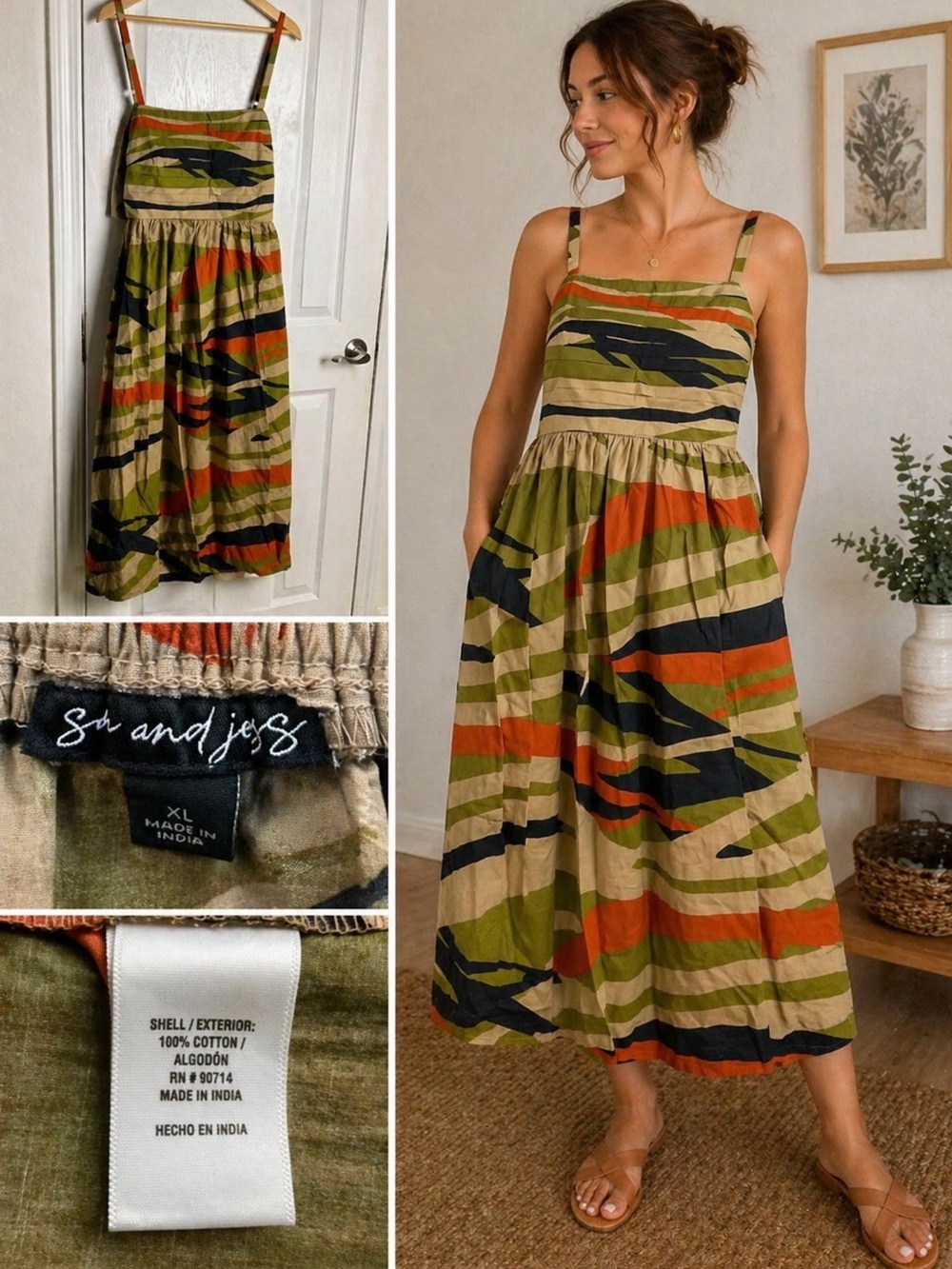 Sndys Abstract Print Cotton Midi Dress Spaghetti Strap XL Boho